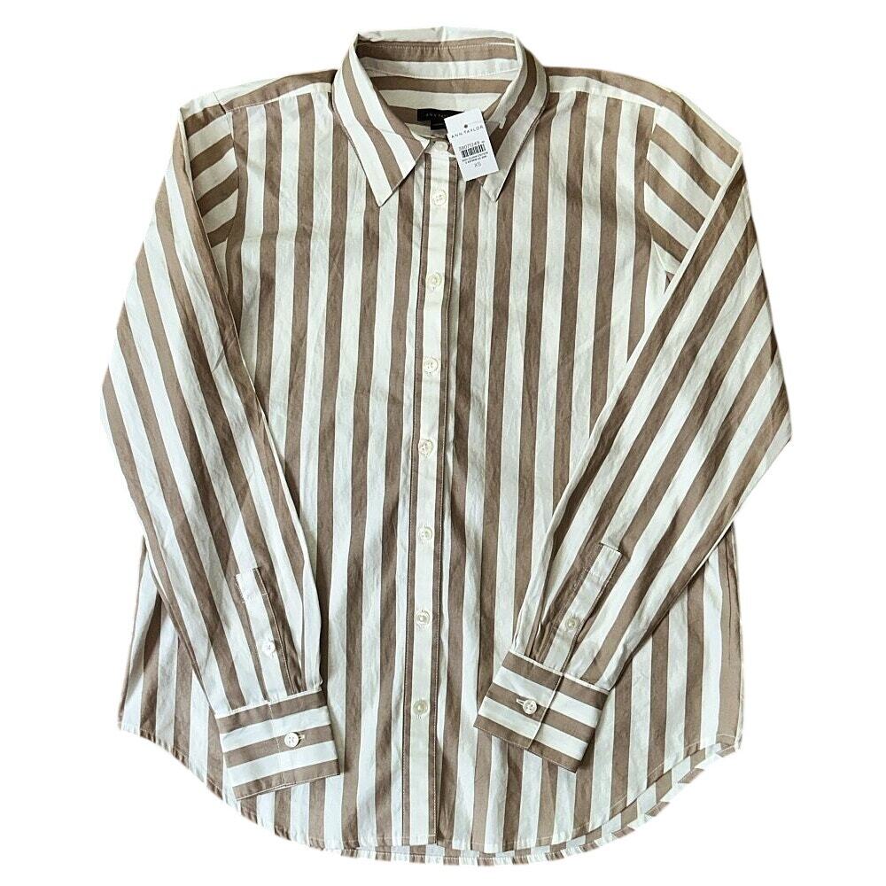 NWT Ann Taylor Tan & White Striped Button-Down Shirt XS